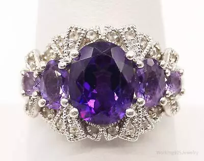 Vintage Amethyst Cubic Zirconia Sterling Silver Ring - Size 7.75 • $120