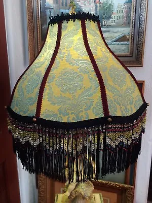 Vintage Victorian Style Green Satin & Beaded Fringed Table Lamp Shade • $250