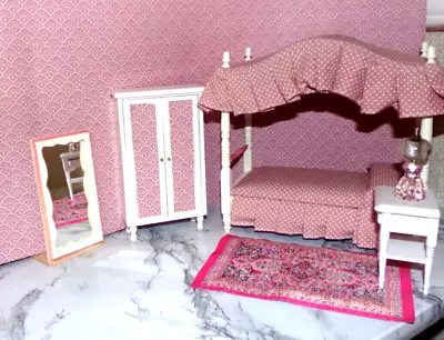 Dollhouse Miniature Bedroom White Canopy Bed COMPLETE • $25