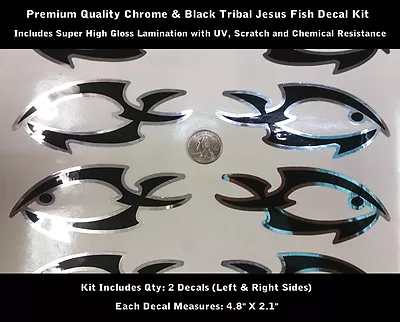 Jesus Fish Tribal Decal Kit 2pcs Christian Chrome & Black Premium Laminated 0133 • $7.95