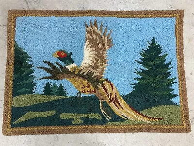 Vintage Hand Hooked Rug Pheasant In Flight Cabin Hunting Lodge Cottage  33 X 50 • $109.95