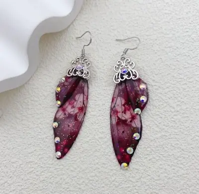 Butterfly Wings Earrings Sangria Purple With Rhinestones Silver Hook Close • $20.95