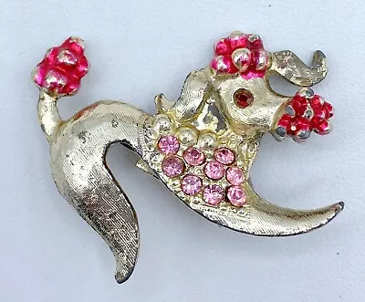 E8-2023 Vintage Brooch Silver Pin 1.25  Animal Dog Pink Rhinestone • $4.99