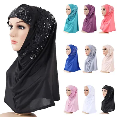 Muslim Lace Hijab Shawl One Piece Women Instant Scarf Turban Pull On Headscarf • £7.86