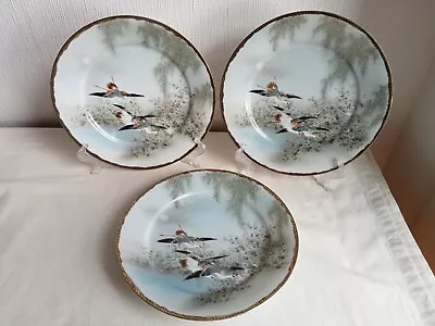 3 Antique Japanese Porcelain Plates Hand Painted With Cranes • £10