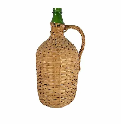 Vintage Woven Wicker Jug Bottle Green Glass Made In Portugal 12” Tall • $35