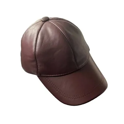 100% Genuine Real Lambskin Leather Baseball Cap Hat Solid Bordo Sport Visor • $24.99