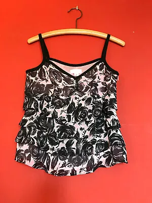 Ann Taylor Loft Sz 6 Pink Black Tiered Ruffle Camisole Tank Top Side Zip V Neck • $6.99