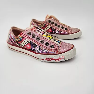 Y2K ED HARDY Pink Slip On Sneakers Women's Size 5 Glitter Skull Shoes 10SLR803W • $39.99