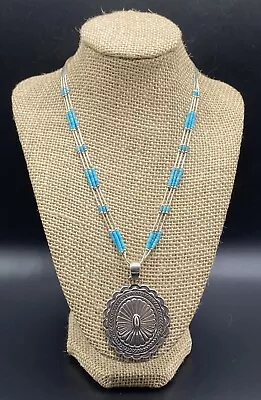 QT-Sterling Liquid Silver Southwest Turquoise Bead Large Concho Pendant Necklace • $155