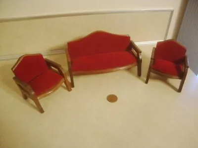 Vintage Miniature Dollhouse Furniture Red Velvet Couch/Sofa W 2 Matching Chairs! • $18.50