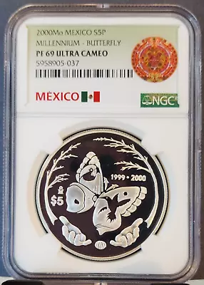 2000 Mexico Silver 5 Pesos S5p Millennium Butterfly Ngc Pf 69 Ultra Cameo • $169.95