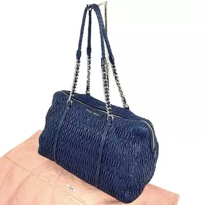 [Good Condition] Miu Miu Tote Bag Matelasse Chain Leather Navy Blue Women Japan • $381.64