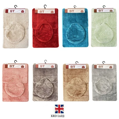 £11.99 • Buy 3pc BATH MAT SET Pedestal Lid Cover Non Slip Soft Absorbent Toilet Bathroom Rug 