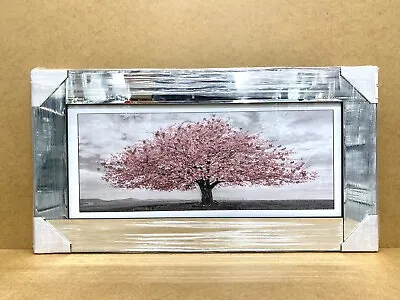 Pink Blossom Tree Picture White 3D Liquid Art Mirror Frame Wall Hung 85x45 Cm • £89.99