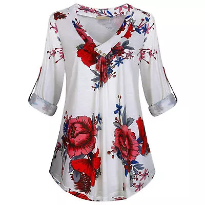 Spring Summer Autumn Floral Print Long Sleeves Casual Office V Neck Women Blouse • $23.54