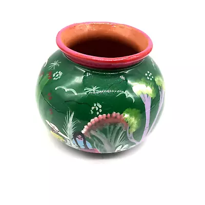 Mexican Red Clay Pottery Planter Vase Hand Painted Landscape Gloss Finish 4” • $22.95