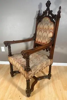 French Antique Solid Walnut Gothic Revival Upholstered Throne Chair/Armchair • $2250