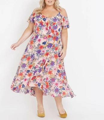 $46 • Buy Plus Size Autograph Pink-Purple V-Neck Cold Shoulder Floral Maxi Dress 2 Layers