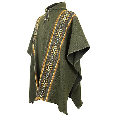 Llama Wool Thick Hooded Poncho Mens Womans Unisex Pullover Sweater Khaki Green • $99.95