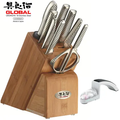Global Takashi Knife Block Set 10 Piece & Minosharp Knife Sharpener  • $671.80