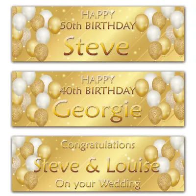 £3.99 • Buy 2 Personalised Birthday Banner Gold Party Balloon Wedding Celebration Poster