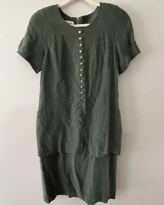 VINTAGE 90s David Warren Two Piece Style Dress Golden Mate Buttons Green Sz 8 • $39