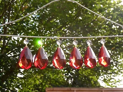 5xVERY LARGE Gorgeous RED Drops Clear Droplets Glass Crystals Chandelier Spares • £14.50