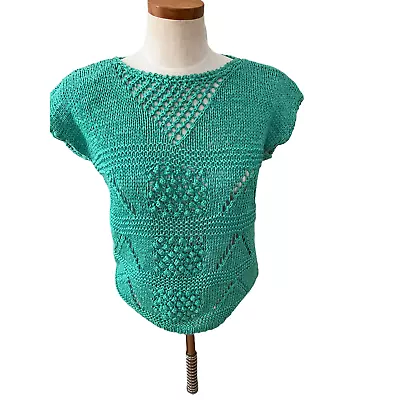 Vintage 80s Italian Made Open Knit Short Sleeve Sweater Seafoam Green  • $45