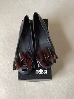 Melissa Women's Flats Size 8 Black & Brown Ribbon Bow Rubber Scented Shoe NWB • $48.88