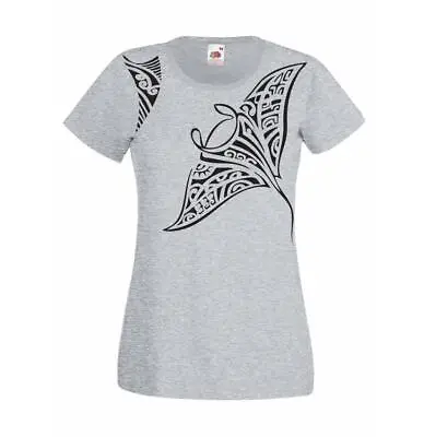 Womens Polynesian Tribal Tattoo Stingray Maori Grey Lady Fit T-Shirt • £12.95