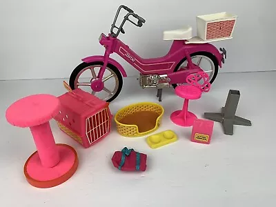 VINTAGE 80'S BARBIE MOPED PINK SCOOTER WHIZZER BICYCLE And Cat Stand And Food! • $14.99