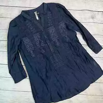 Monoreno Navy Blue Silk And Cotton Embroidered Long Sleeve Tunic Top Size Small • $25