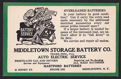 Advertising-New York-Middletown-Storage Battery Co-Illustration-Auto-Overloaded • $9.95