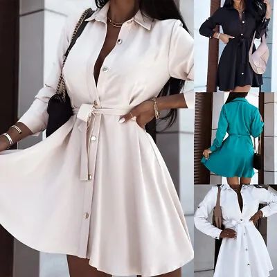 Womens Long Sleeve Shirt Dress Belted Button Up Ladies OL Work Casual Mini Dress • £3.29