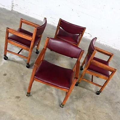 Mid-Century Modern To Modern Oak Maroon Vinyl Rolling Game Or Dining Chairs • $2995