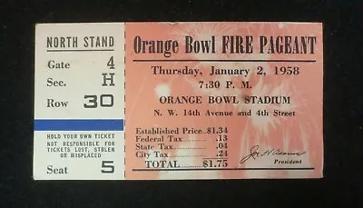 ☆ 1958 ORANGE BOWL Fire Pageant FULL TICKET - January 2 1958 - Nice Vintage  • $13.99