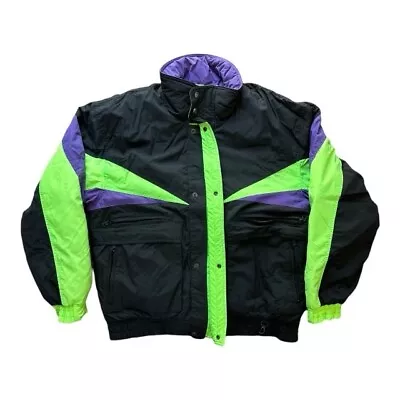 Double Black Mens Down Filled Ski Jacket Medium Black Neon Color Funky Retro ⛷️ • $30