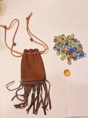 Vintage Leather Draw String Bag W/ 50 Marbles And 1 Shooter • $40