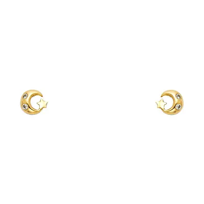 14K Yellow Gold White OR Red CZ Moon And Star Stud Screw Back Earrings • $58
