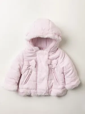 BNWT Baby Girls Quilted Coat With Faux Fur Trim & Bows Microfibre Hooded Jacket • £18.99