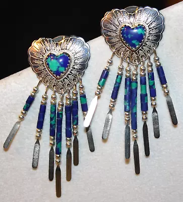 Sterling Silver Azurite Heart Concho Fringe Dangle Earrings Signed Qt Q.t. • $59.50