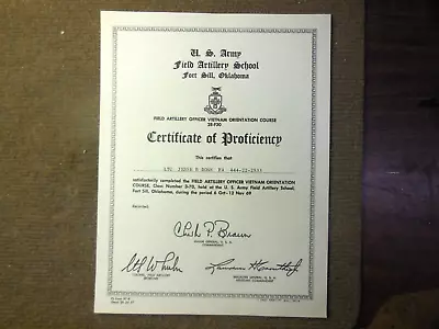 Vietnam War 1969 US Army Field Artillery School Certificate Of Proficiency • $14.99