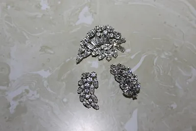 Vintage Silver Tone With Clear Rhinestone Pin & Clip Earring Set By B. David • $25