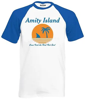 Amity Island Mens Short Sleeve Baseball T-Shirt- Jaws Shark Film 80's Retro Cult • £14.99