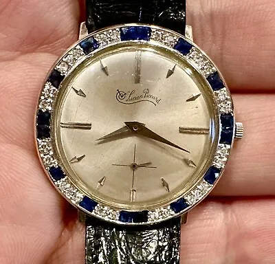 Lucien Piccard 14k White Gold Diamonds And Blue Sapphires Bezel Wind Up Watch • $1950