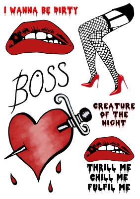 £3.99 • Buy ROCKY HORROR Fancy Dress Tattoos Frank N Furter.BOSS Heart, Sexy Lips. HALLOWEEN