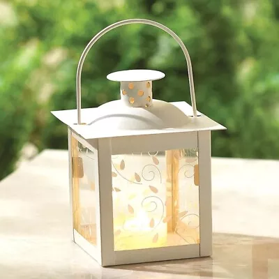 Piller Candle White Lantern Carry Handle Curling Vine Design Glass Display 4 X5  • $23.90