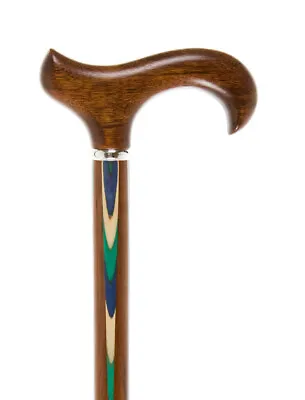 Ovangkol Wood Walking Stick Coloured Inlay Derby Handle & Chrome Plated Collar • £59.99