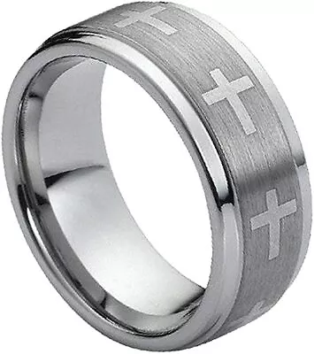 9mm Tungsten Carbide Stepped Edge Brushed Center With Crosses Wedding Band Ring • $33.60